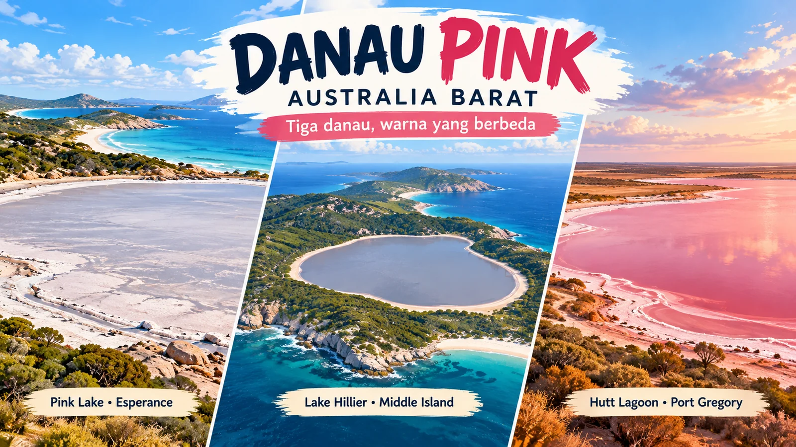 Ilustrasi tiga danau di Australia Barat, yaitu Pink Lake di Esperance, Lake Hillier di Middle Island, dan Hutt Lagoon berwarna merah muda di Port Gregory.