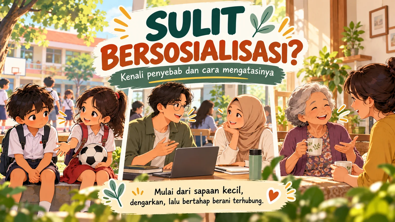 Ilustrasi sulit bersosialisasi pada anak-anak, orang dewasa, dan lansia yang mulai membangun komunikasi melalui percakapan sederhana.