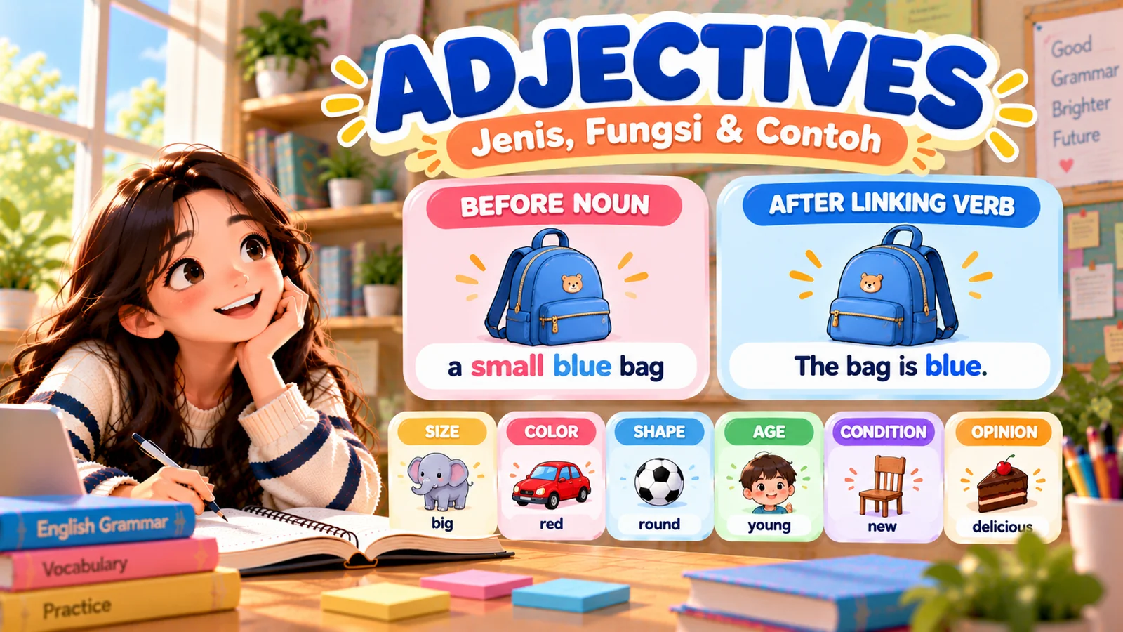 Ilustrasi adjective bahasa Inggris dengan contoh a small blue bag dan The bag is blue, serta jenis kata sifat ukuran, warna, bentuk, usia, kondisi, dan pendapat.