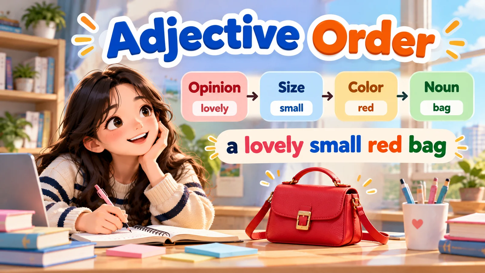 Ilustrasi adjective order bahasa Inggris dengan urutan opinion, size, color, dan noun melalui contoh a lovely small red bag.