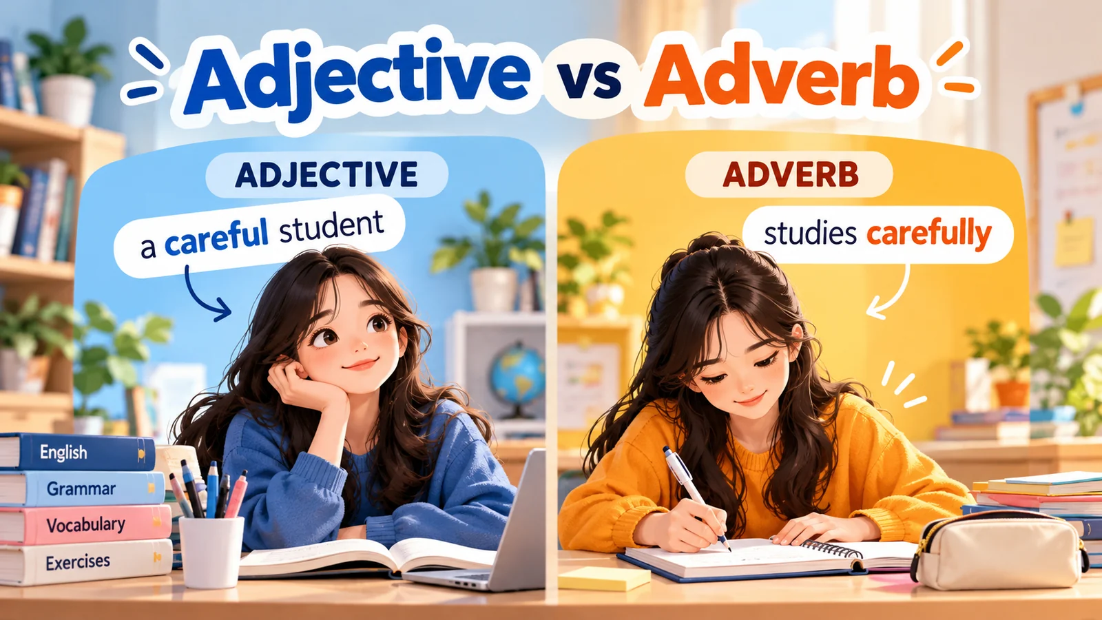 Ilustrasi perbedaan adjective dan adverb melalui contoh a careful student dan studies carefully dalam pembelajaran bahasa Inggris.