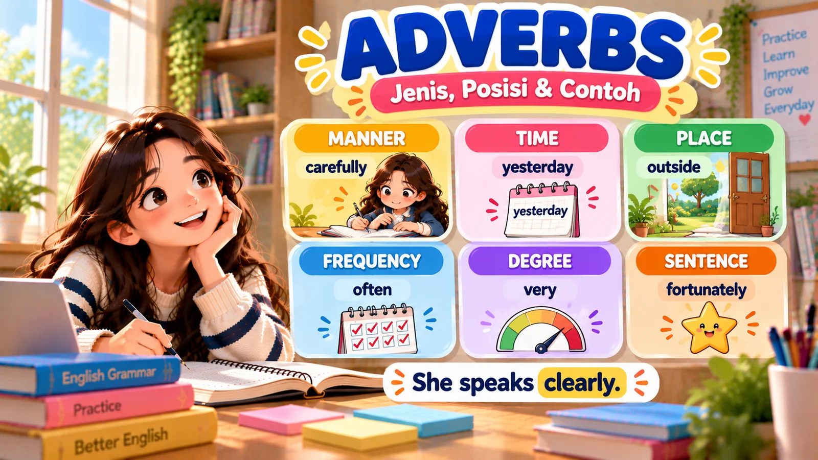 Ilustrasi enam jenis adverb bahasa Inggris meliputi manner, time, place, frequency, degree, dan sentence adverb beserta contohnya.