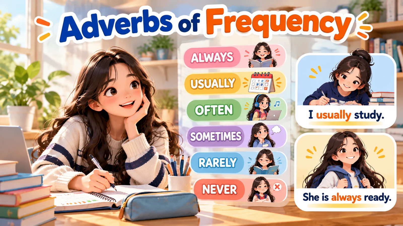 Ilustrasi Adverbs of Frequency dengan kata always, usually, often, sometimes, rarely, never, serta contoh kalimat bahasa Inggris.