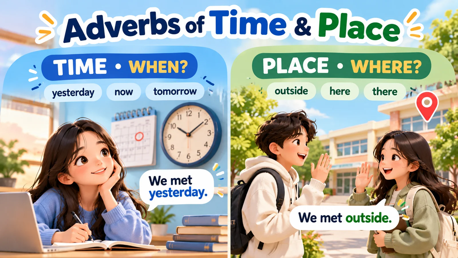 Ilustrasi Adverbs of Time and Place dengan contoh yesterday, now, tomorrow, outside, here, dan there dalam bahasa Inggris.