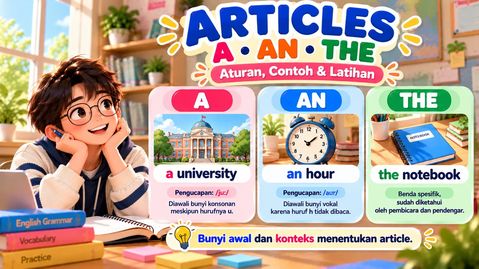 Ilustrasi articles a, an, dan the dalam bahasa Inggris dengan pelajar laki-laki berkacamata serta contoh a university, an hour, dan the notebook.