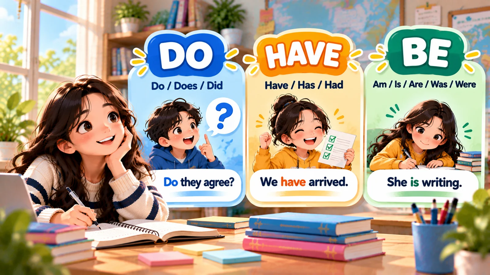 Ilustrasi auxiliary verbs do, have, dan be beserta bentuk do does did, have has had, am is are, dan contoh kalimat bahasa Inggris.