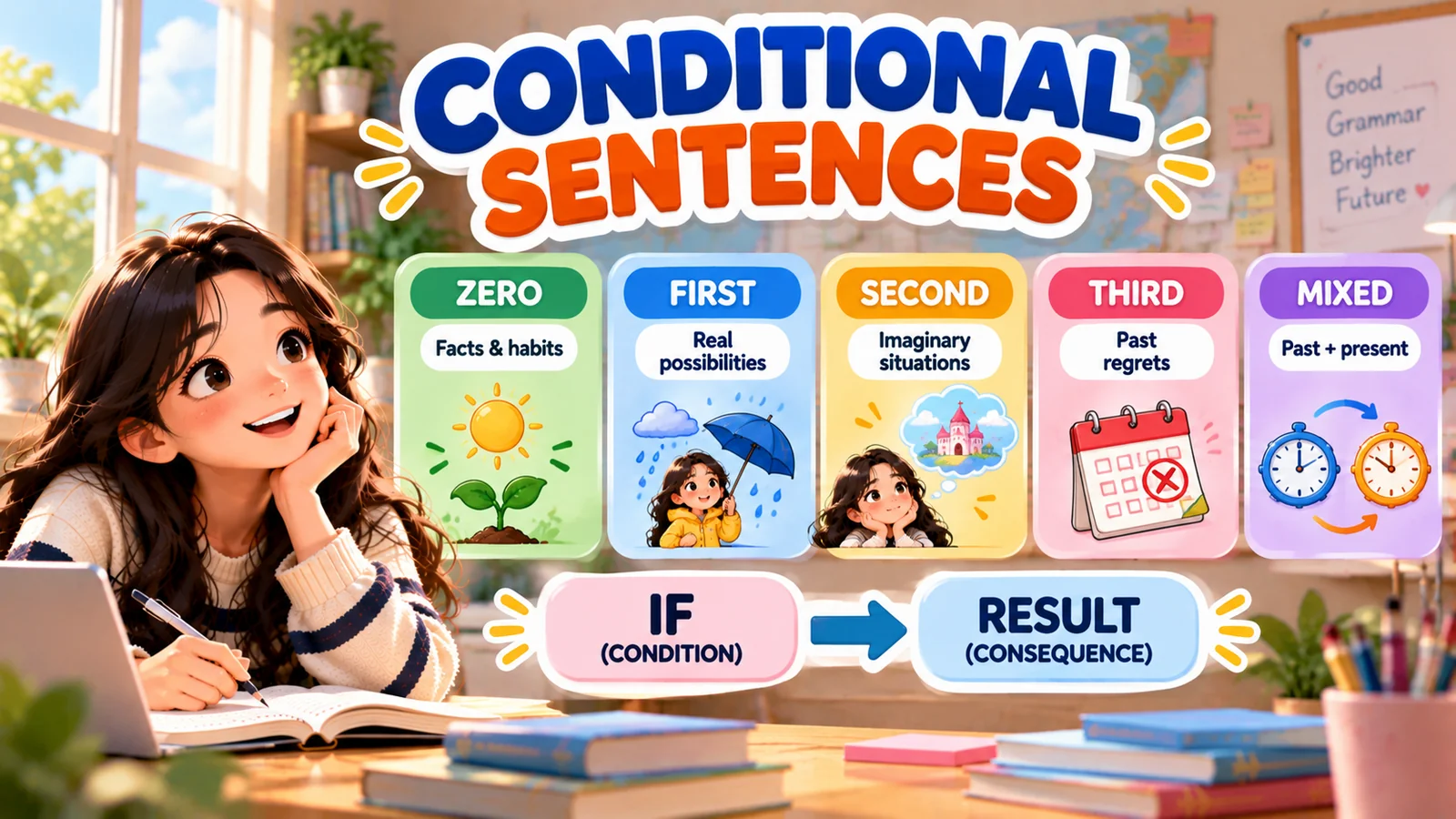 Ilustrasi conditional sentences dengan lima jenis, yaitu zero, first, second, third, dan mixed conditional dalam bahasa Inggris.