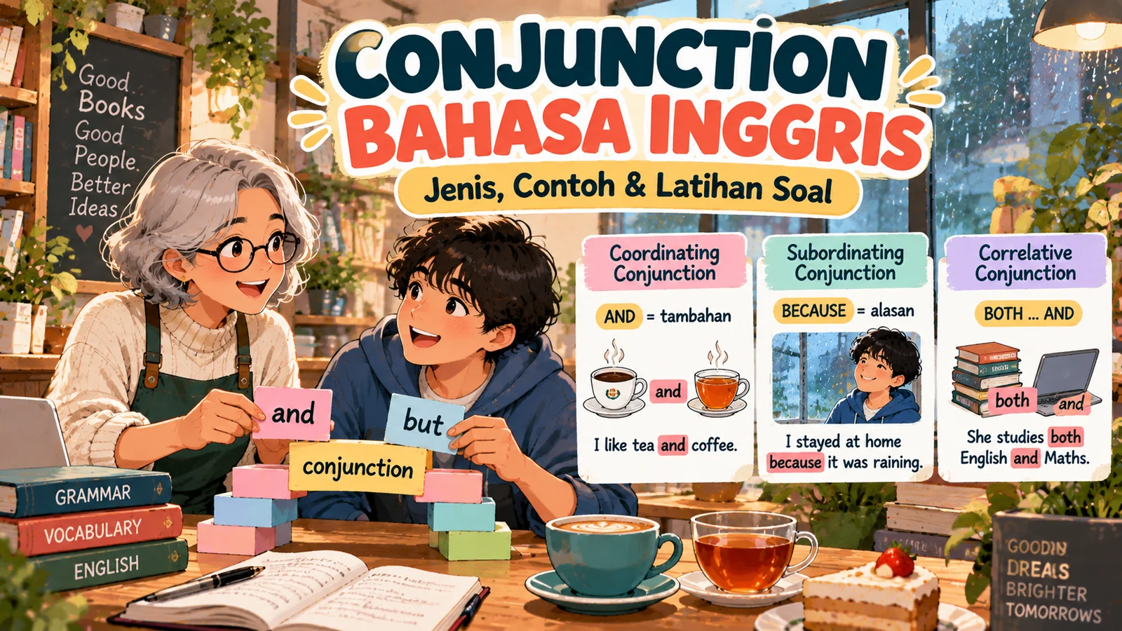 Ilustrasi conjunction bahasa Inggris dengan guru dan murid di kedai buku, menjelaskan and, but, because, serta tiga jenis kata hubung.
