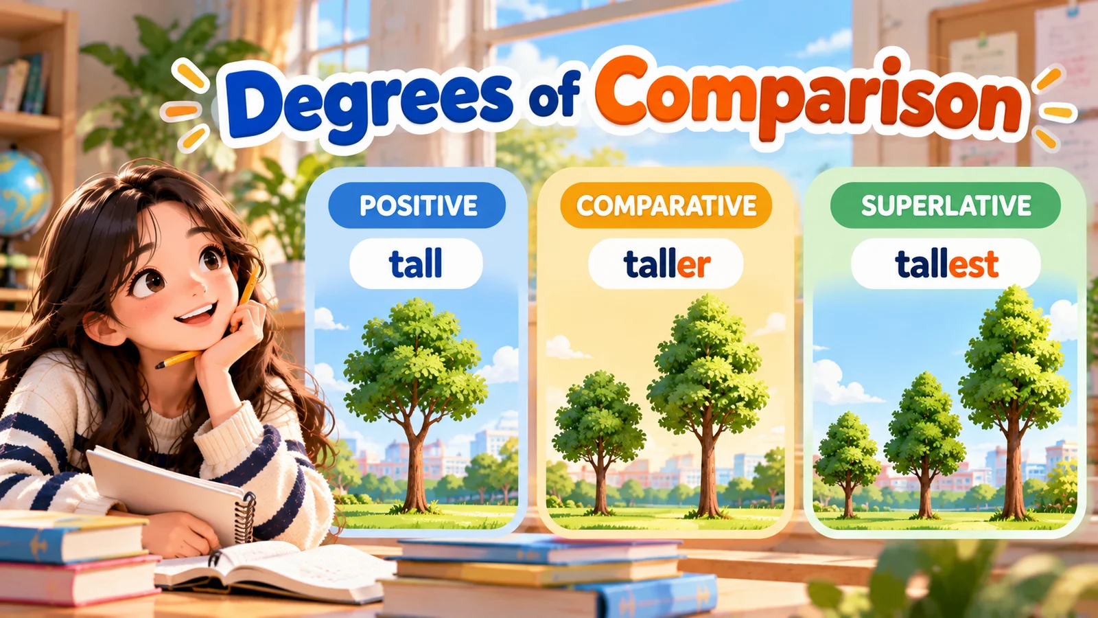 Ilustrasi degrees of comparison dengan tiga bentuk adjective, yaitu positive tall, comparative taller, dan superlative tallest.