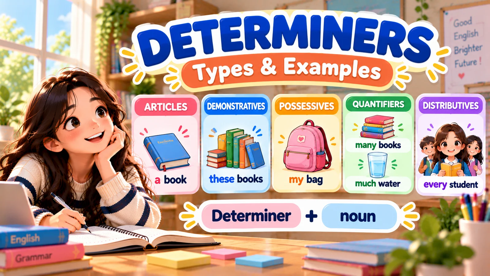Ilustrasi determiners bahasa Inggris dengan jenis articles, demonstratives, possessives, quantifiers, dan distributives beserta contohnya.