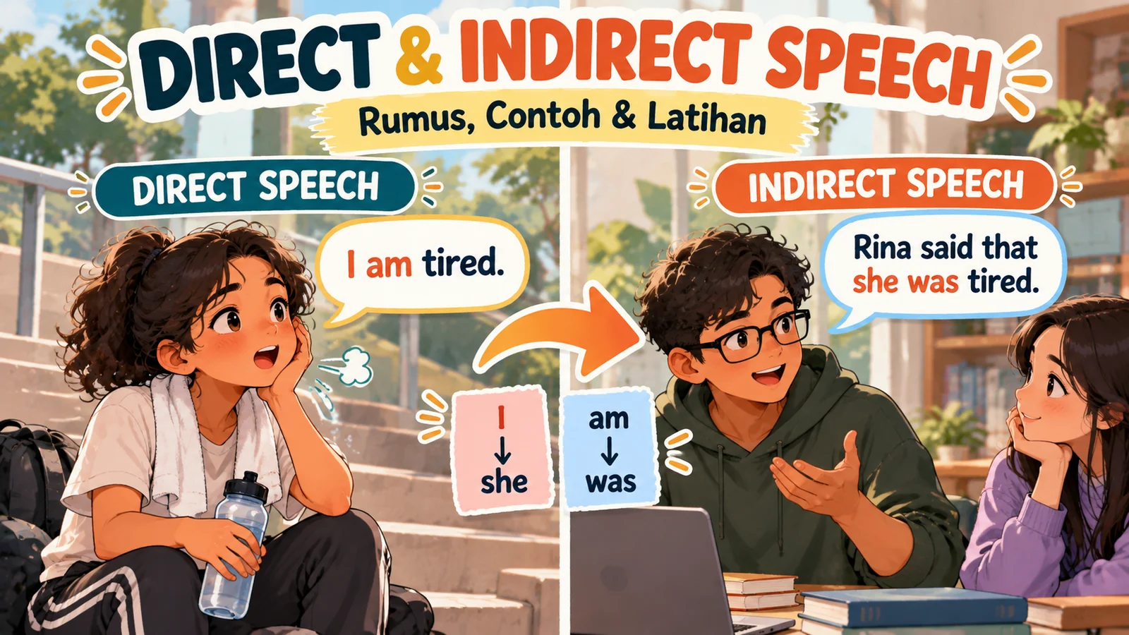 Ilustrasi direct and indirect speech memperlihatkan Rina berkata I am tired dan temannya melaporkan Rina said that she was tired.