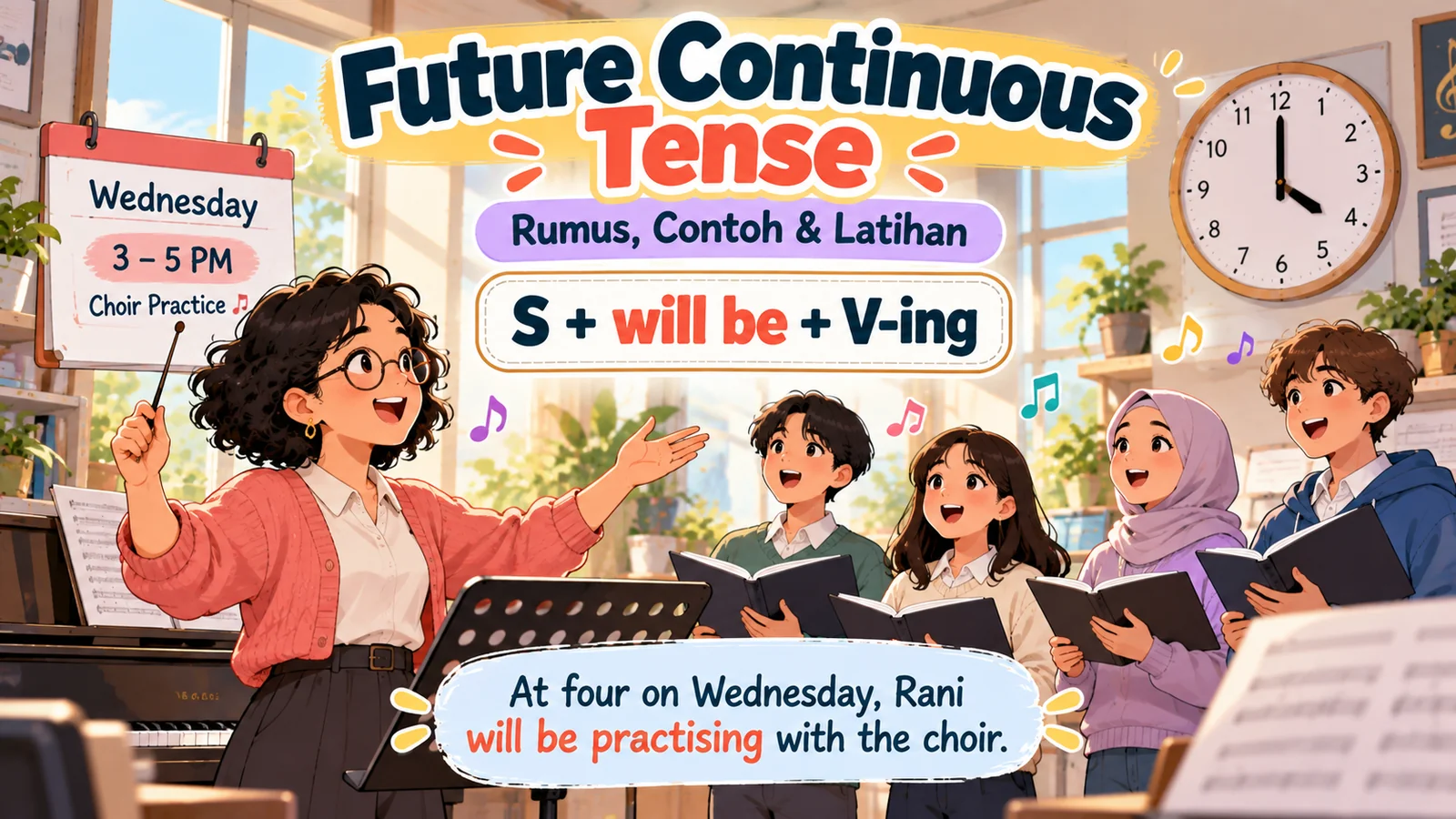 Ilustrasi future continuous tense dengan dirigen perempuan memimpin paduan suara, jam pukul empat, dan rumus S + will be + V-ing.