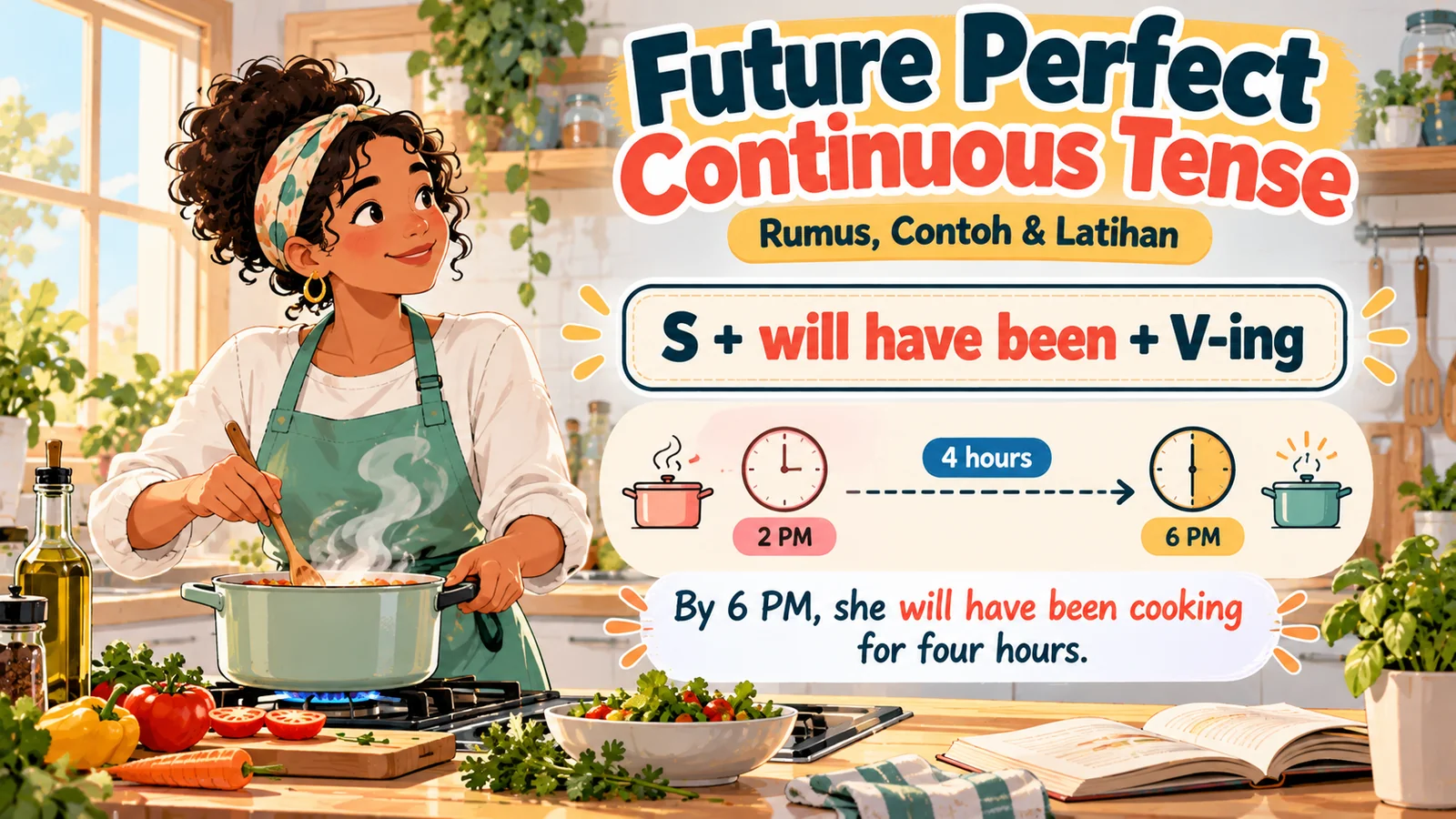 Ilustrasi future perfect continuous tense dengan koki perempuan memasak selama empat jam, garis waktu pukul 14.00–18.00, dan rumus will have been + V-ing.