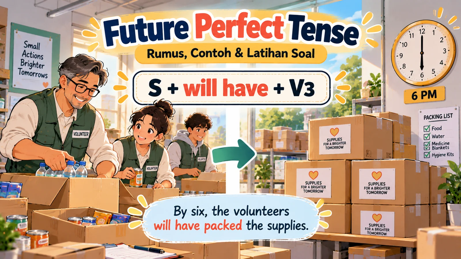 Ilustrasi future perfect tense dengan relawan mengemas bantuan sebelum pukul 18.00 dan rumus S + will have + V3.