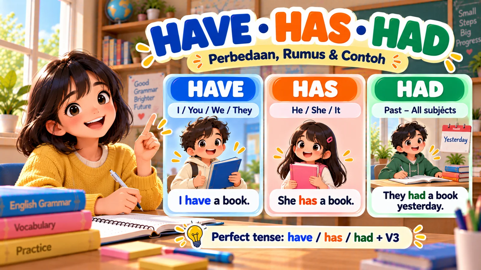 Ilustrasi have, has, dan had dalam bahasa Inggris dengan contoh I have a book, She has a book, dan They had a book yesterday.