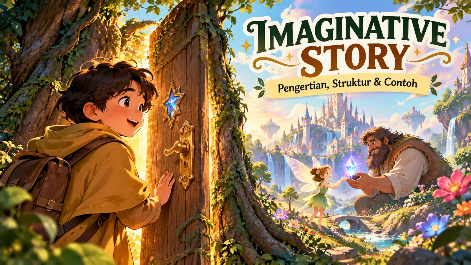 Ilustrasi imaginative story menampilkan Daniel di pintu ajaib dalam hutan, peri, raksasa, kristal bercahaya, dan kerajaan fantasi.