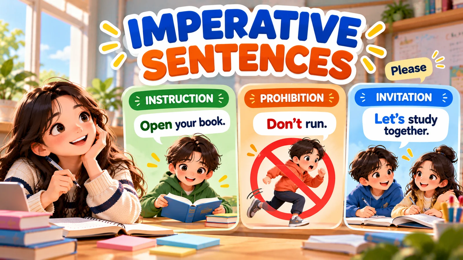 Ilustrasi imperative sentences bahasa Inggris dengan contoh Open your book, Don't run, dan Let's study together.