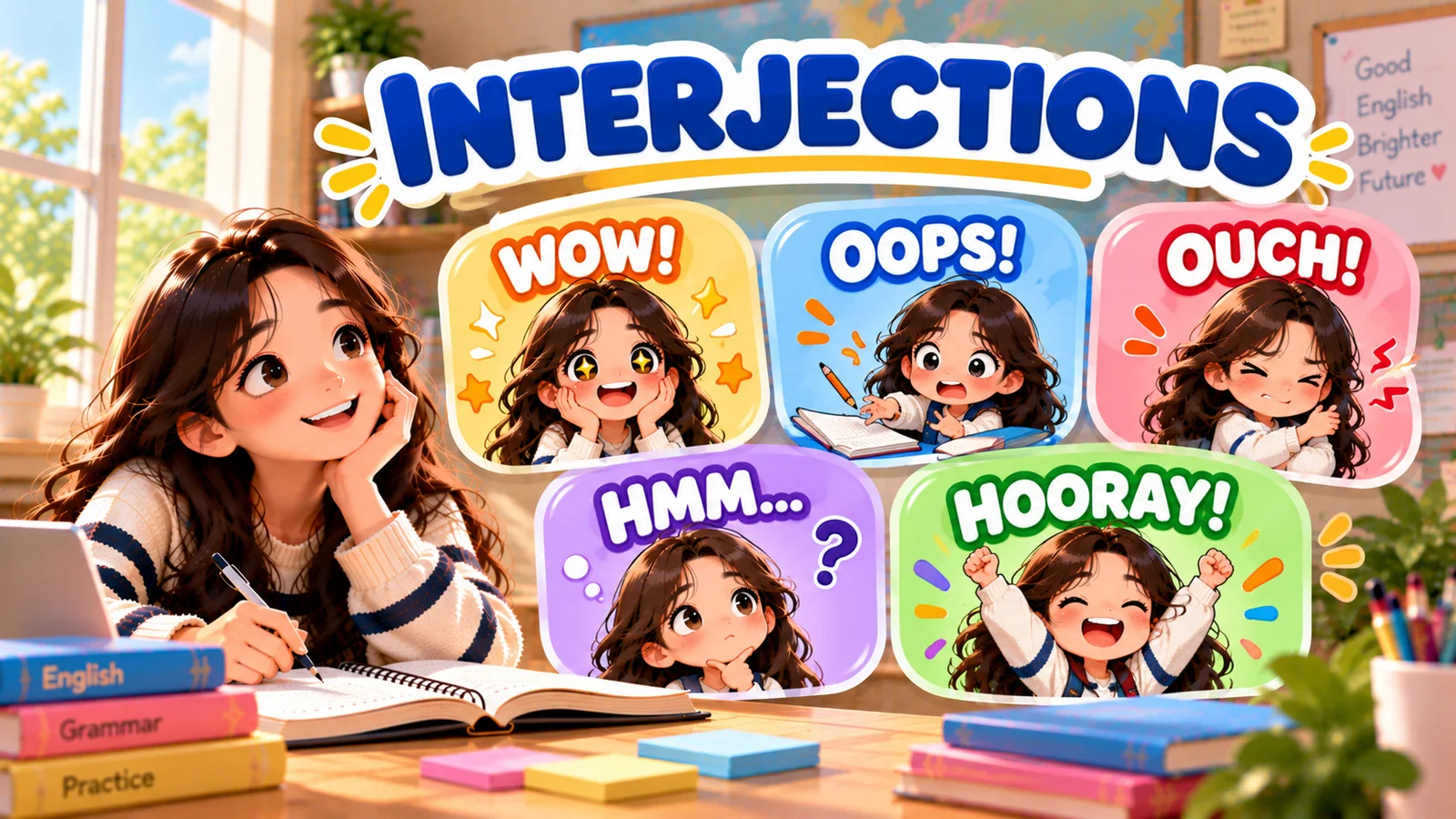 Ilustrasi interjection bahasa Inggris dengan kata seru Wow, Oops, Ouch, Hmm, dan Hooray yang menggambarkan berbagai ekspresi emosi.