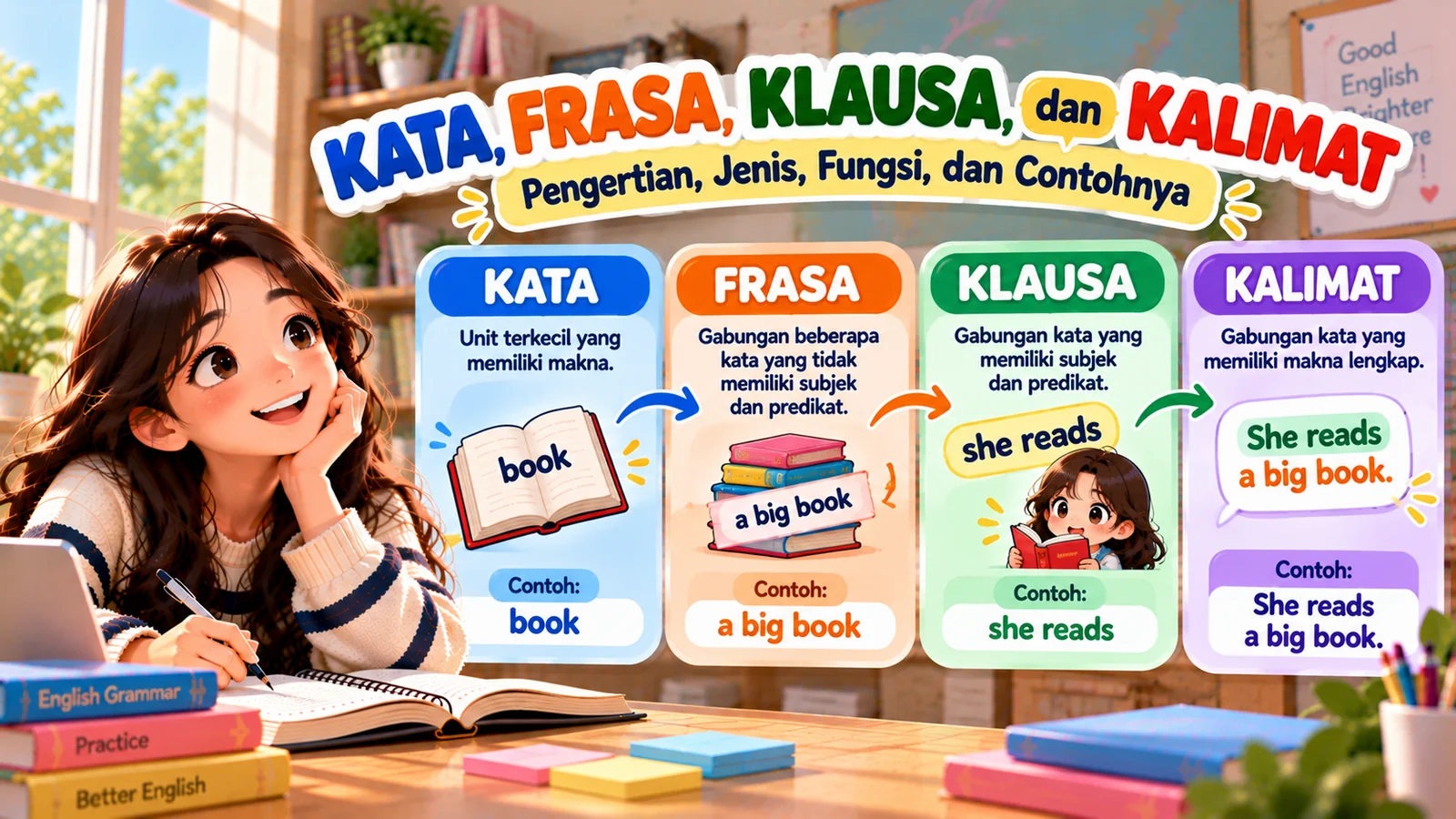 Ilustrasi perbedaan kata, frasa, klausa, dan kalimat dengan contoh book, a big book, she reads, dan She reads a big book.