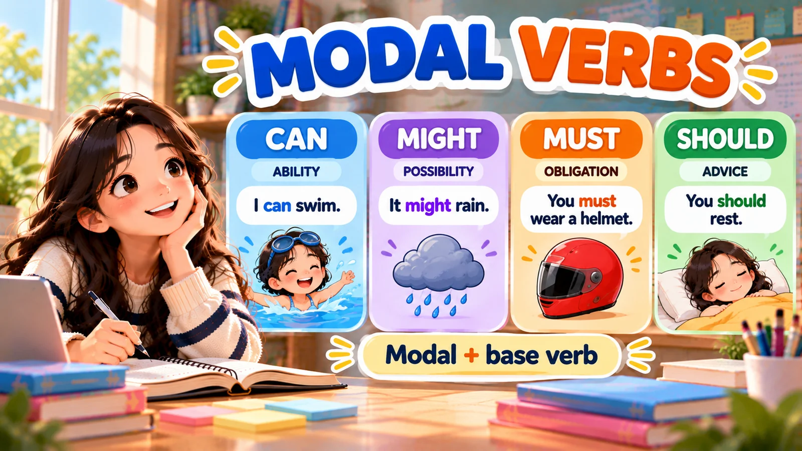 Ilustrasi modal verbs bahasa Inggris dengan contoh can, might, must, dan should untuk kemampuan, kemungkinan, kewajiban, serta nasihat.