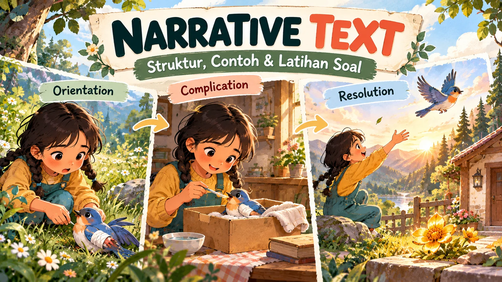 Ilustrasi narrative text tentang Lily yang menemukan burung terluka, merawatnya, lalu melepaskannya, dengan struktur orientation, complication, dan resolution.