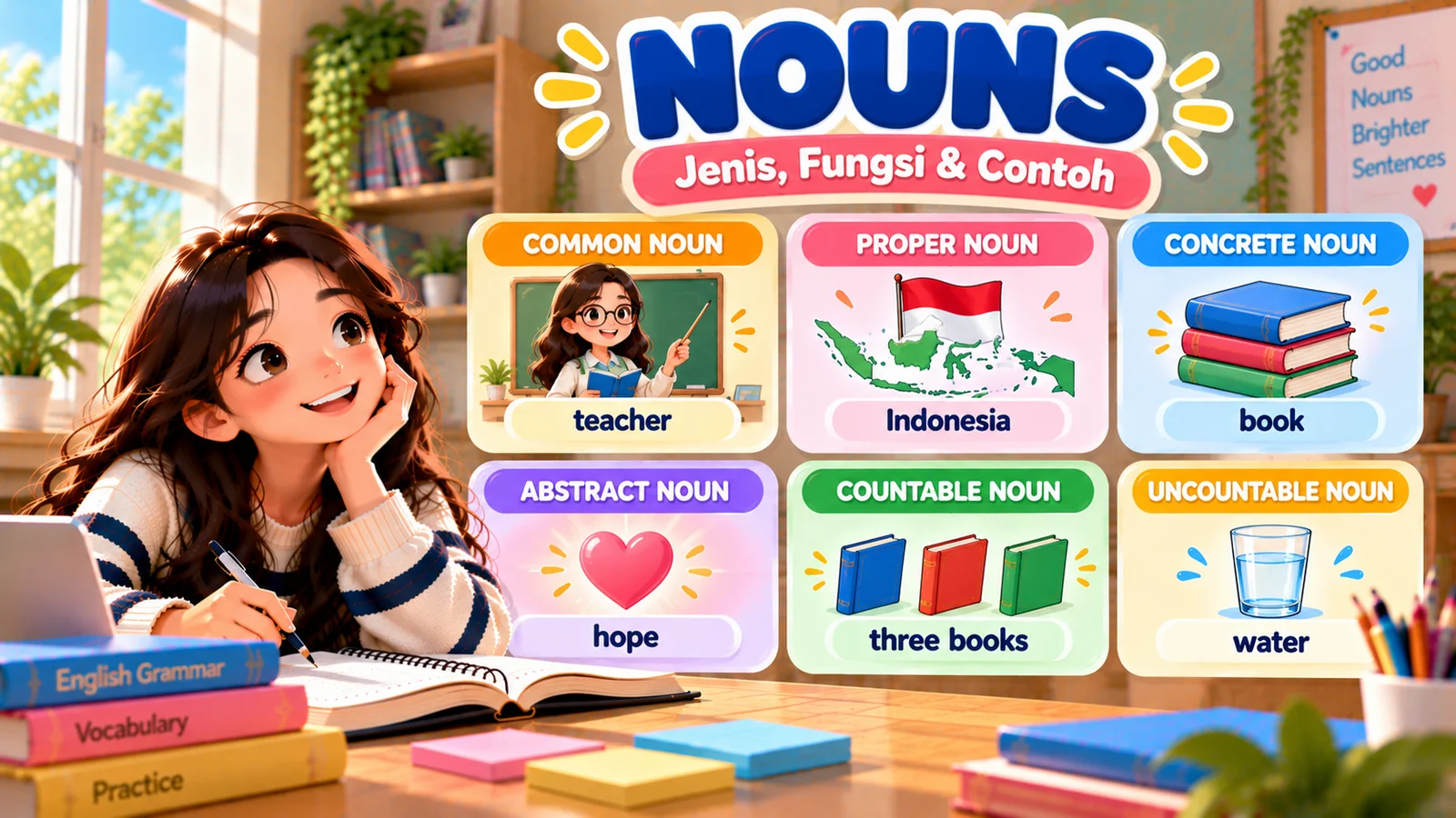 Ilustrasi enam jenis noun bahasa Inggris, yaitu common, proper, concrete, abstract, countable, dan uncountable nouns beserta contohnya.