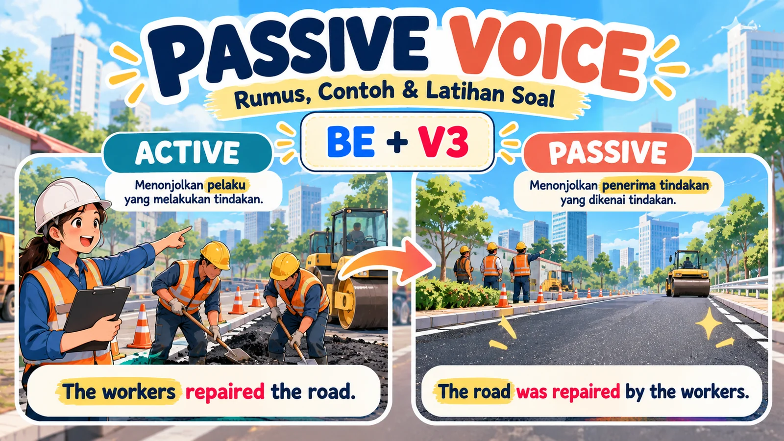 Ilustrasi passive voice bahasa Inggris memperlihatkan pekerja memperbaiki jalan, perbedaan active dan passive voice, serta rumus BE + V3.