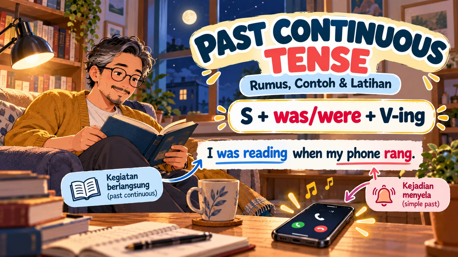 Ilustrasi past continuous tense dengan pria membaca buku ketika telepon berdering, beserta rumus S + was/were + V-ing.