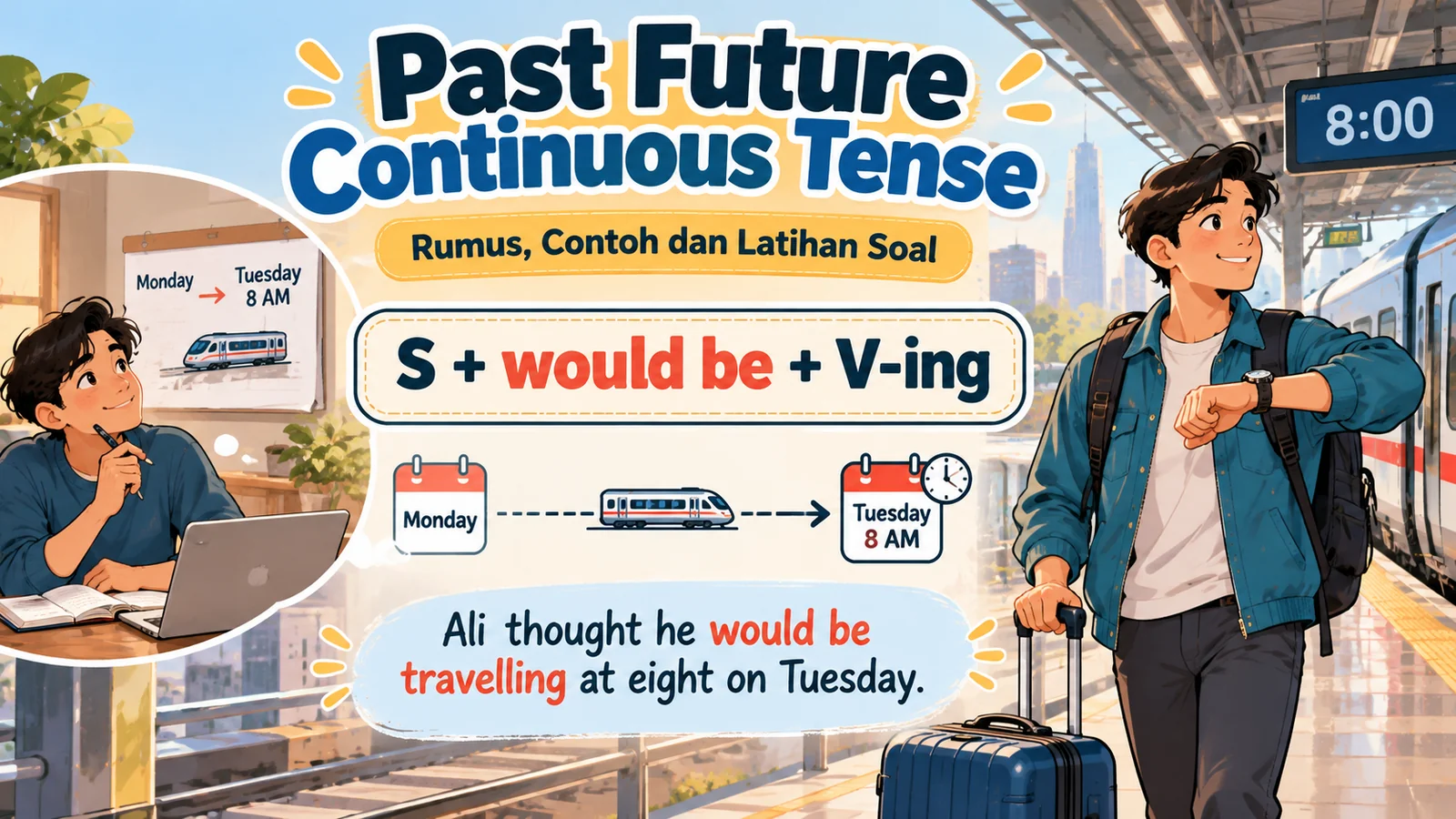 Ilustrasi past future continuous tense dengan pemuda di stasiun kereta, garis waktu Senin–Selasa, dan rumus S + would be + V-ing.