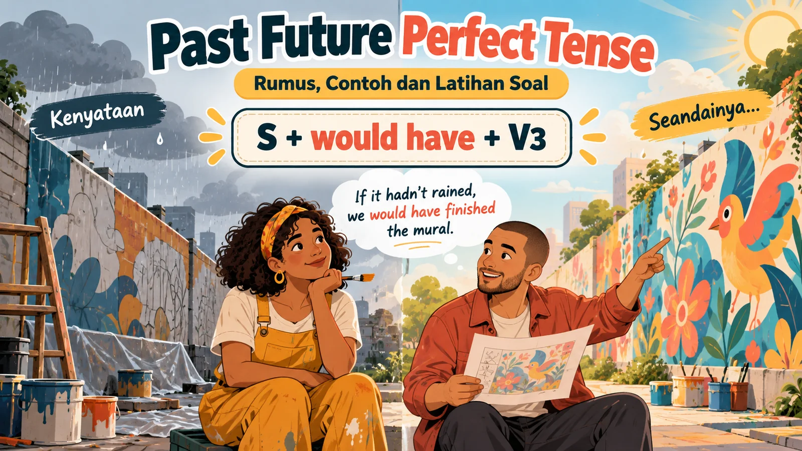 Ilustrasi past future perfect tense dengan dua pelukis mural, rumus would have + V3, serta contoh pengandaian masa lalu.
