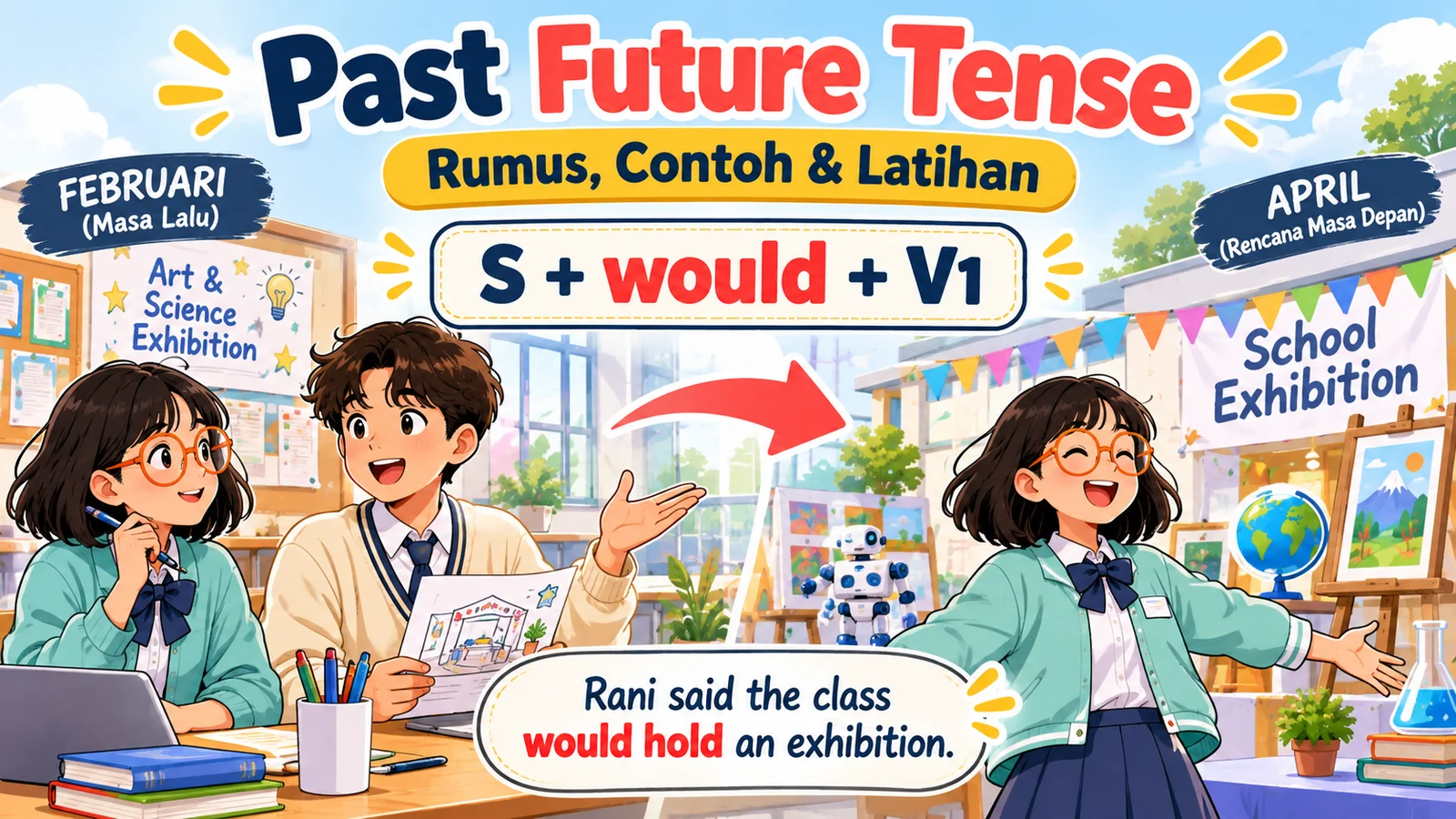 Ilustrasi past future tense dengan siswa merencanakan pameran sekolah, garis waktu Februari–April, dan rumus S + would + V1.
