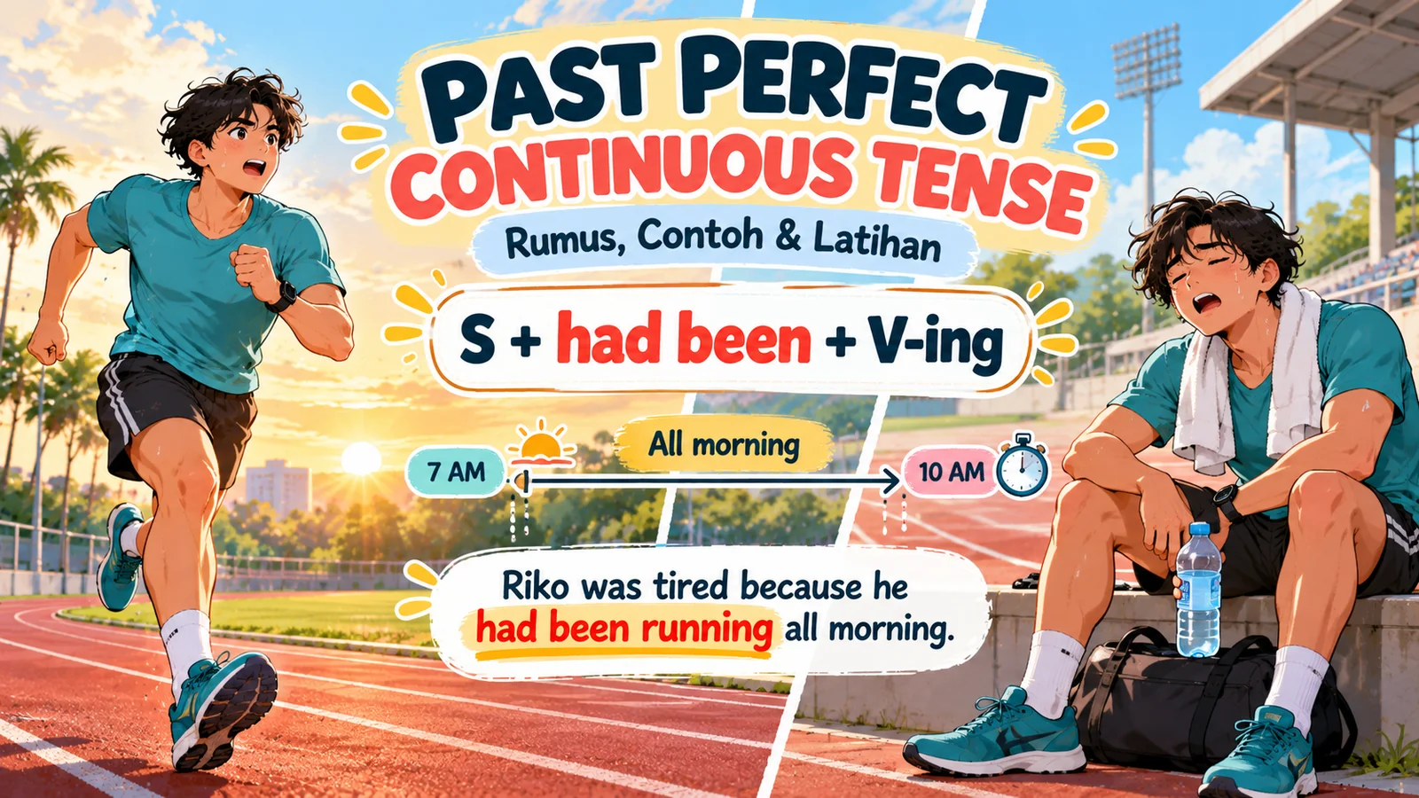Ilustrasi past perfect continuous tense dengan pelari di lintasan olahraga, garis waktu pukul 07.00–10.00, dan rumus had been + V-ing.