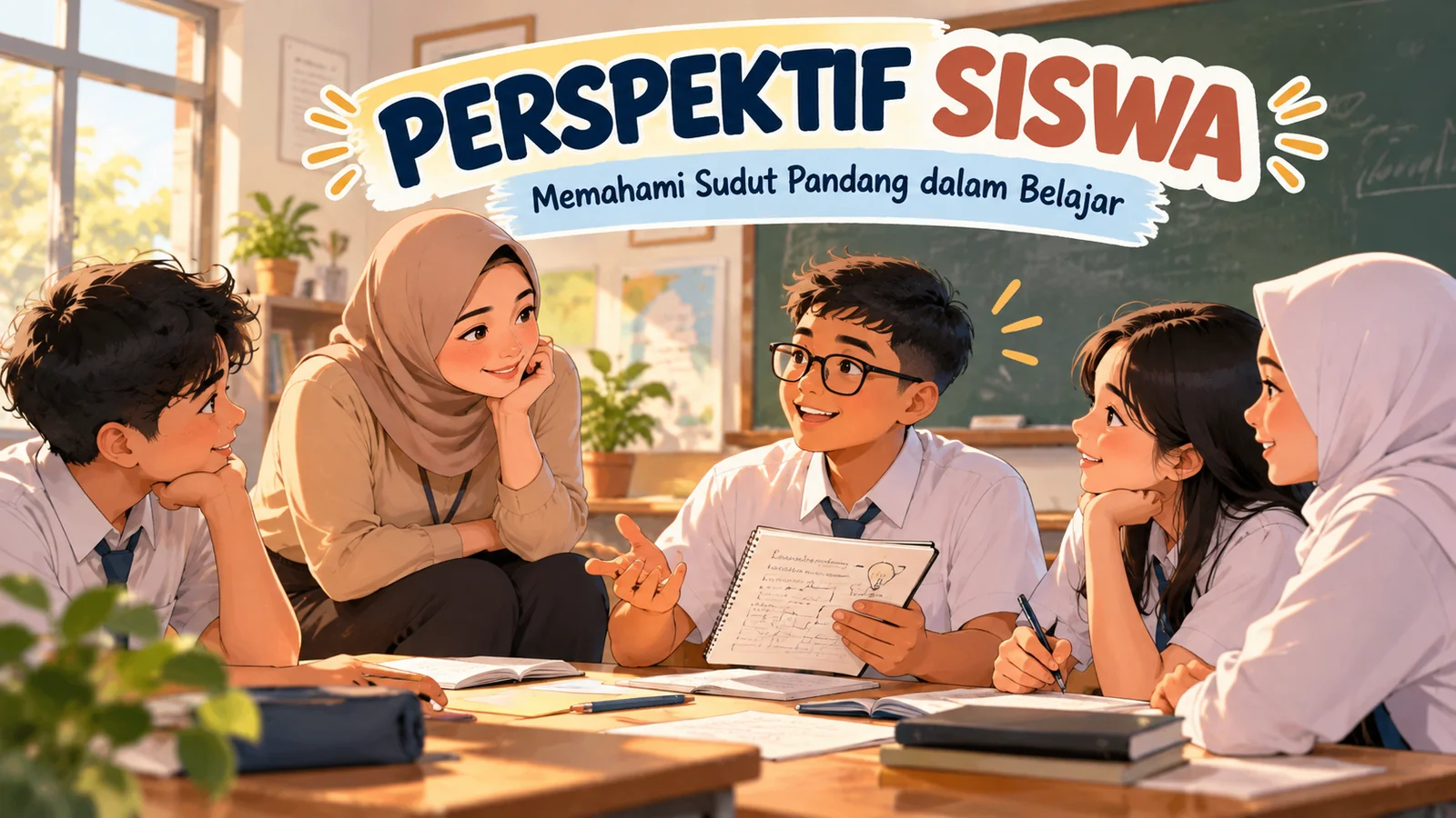 Ilustrasi perspektif siswa menampilkan guru berhijab mendengarkan pendapat beberapa siswa saat diskusi kelompok di kelas.