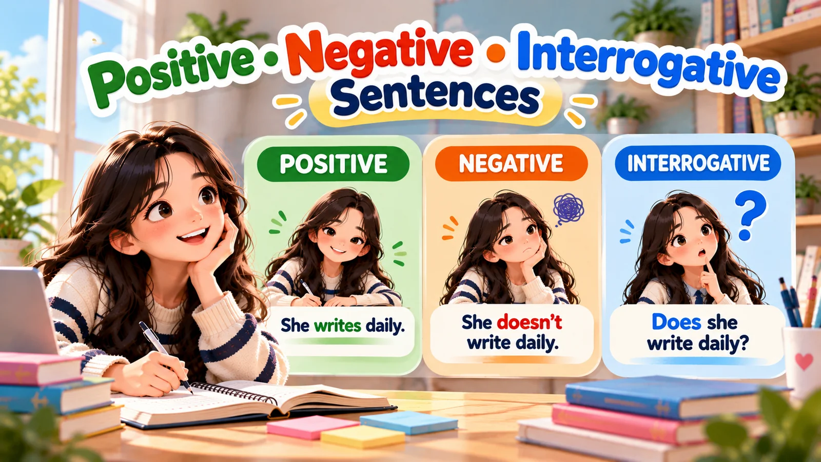 Ilustrasi positive, negative, dan interrogative sentences dengan contoh She writes daily, She doesn't write daily, dan Does she write daily?