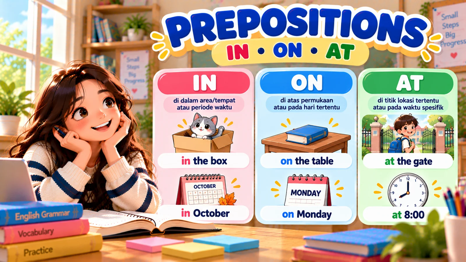 Ilustrasi prepositions bahasa Inggris in, on, dan at dengan contoh tempat dan waktu seperti in the box, on the table, dan at the gate.