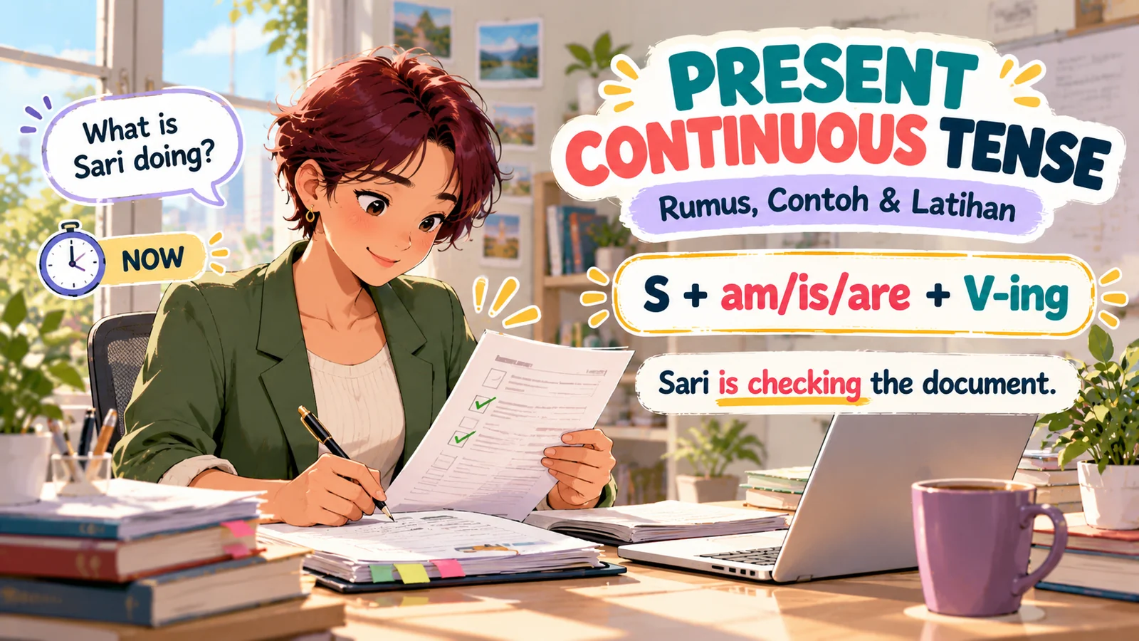 Ilustrasi present continuous tense menampilkan Sari sedang memeriksa dokumen di meja kerja, dengan rumus S + am/is/are + V-ing.