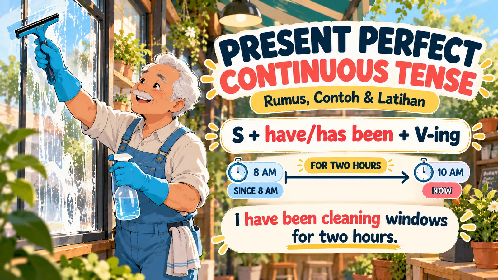 Ilustrasi present perfect continuous tense dengan pria berambut putih membersihkan jendela selama dua jam dan rumus have/has been + V-ing.
