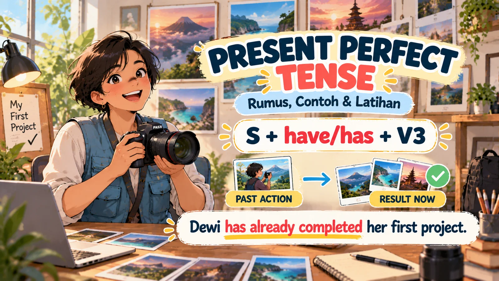 Ilustrasi present perfect tense menampilkan fotografer perempuan bernama Dewi, hasil proyek foto, dan rumus S + have/has + V3.