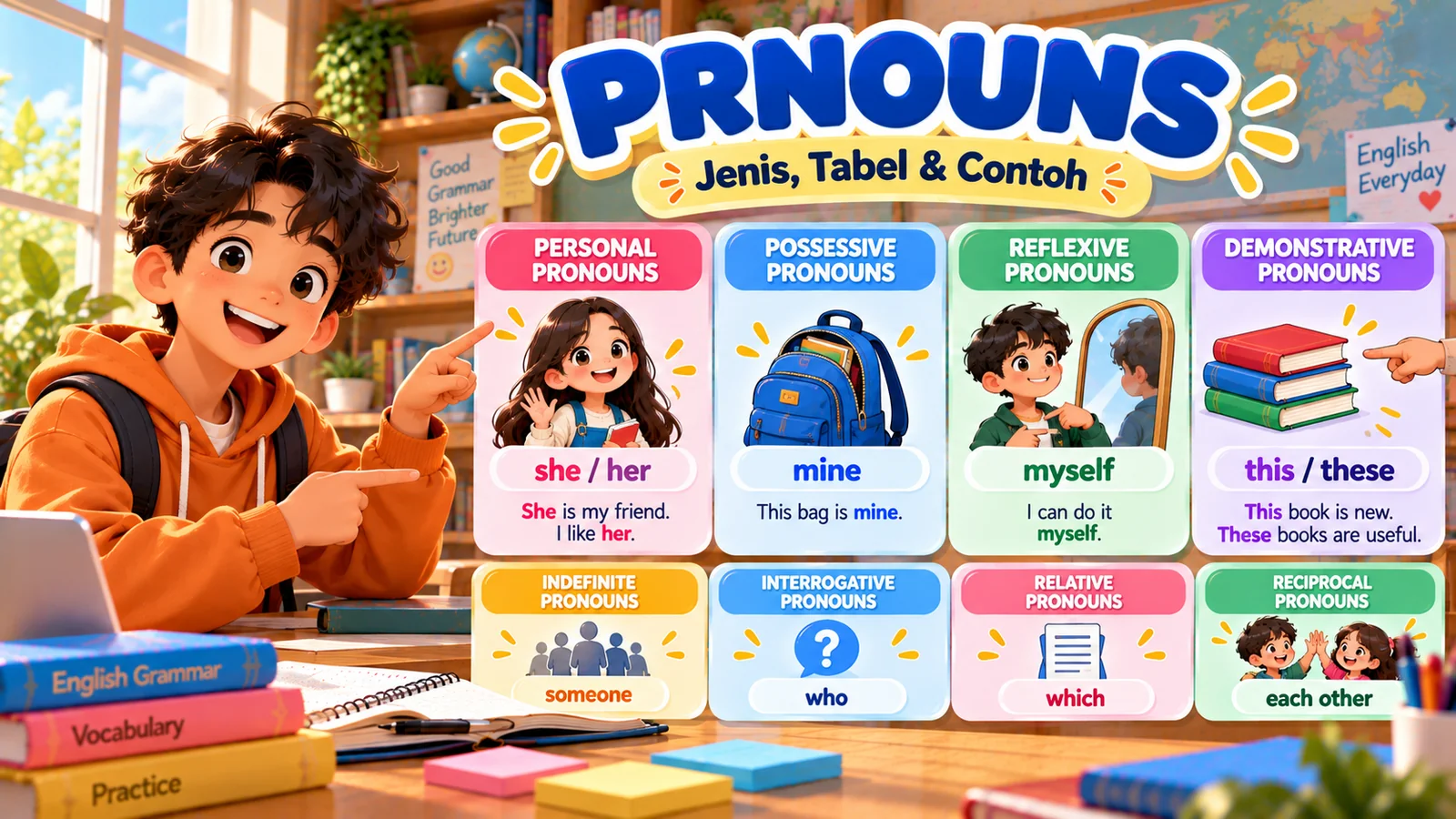 Ilustrasi delapan jenis pronouns bahasa Inggris dengan contoh she, her, mine, myself, these, someone, who, which, dan each other.