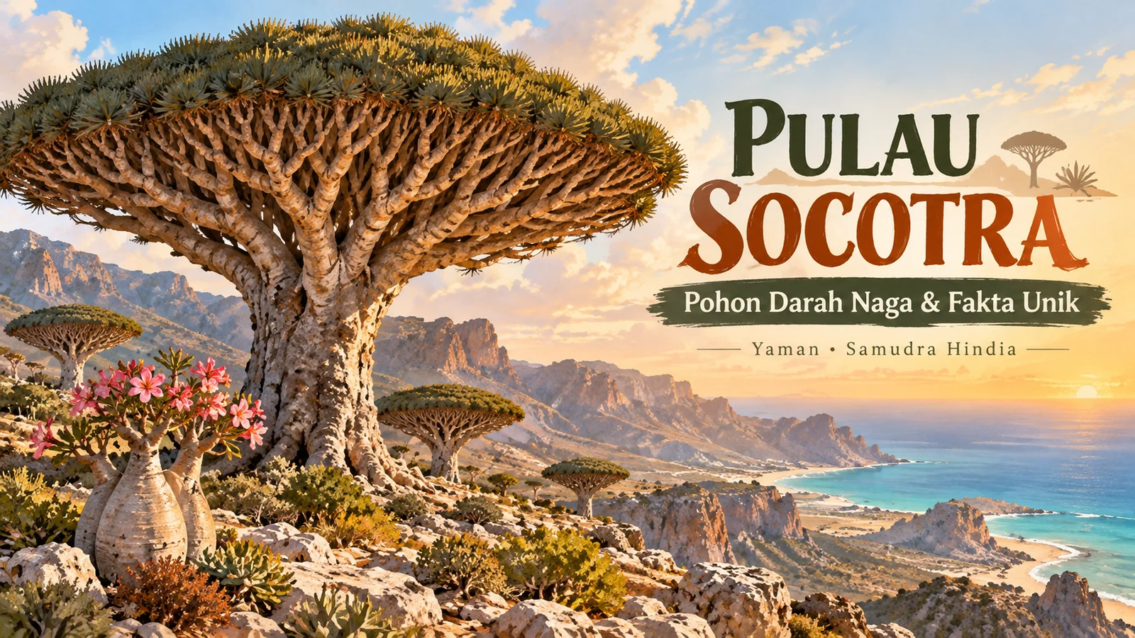 Ilustrasi Pulau Socotra di Yaman dengan pohon darah naga berbentuk payung, tumbuhan endemik, pegunungan berbatu, dan laut biru.