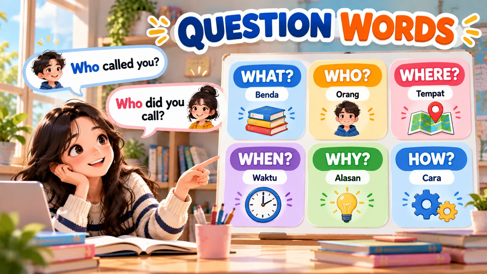 Ilustrasi question words bahasa Inggris meliputi what, who, where, when, why, dan how beserta contoh kalimat tanya.