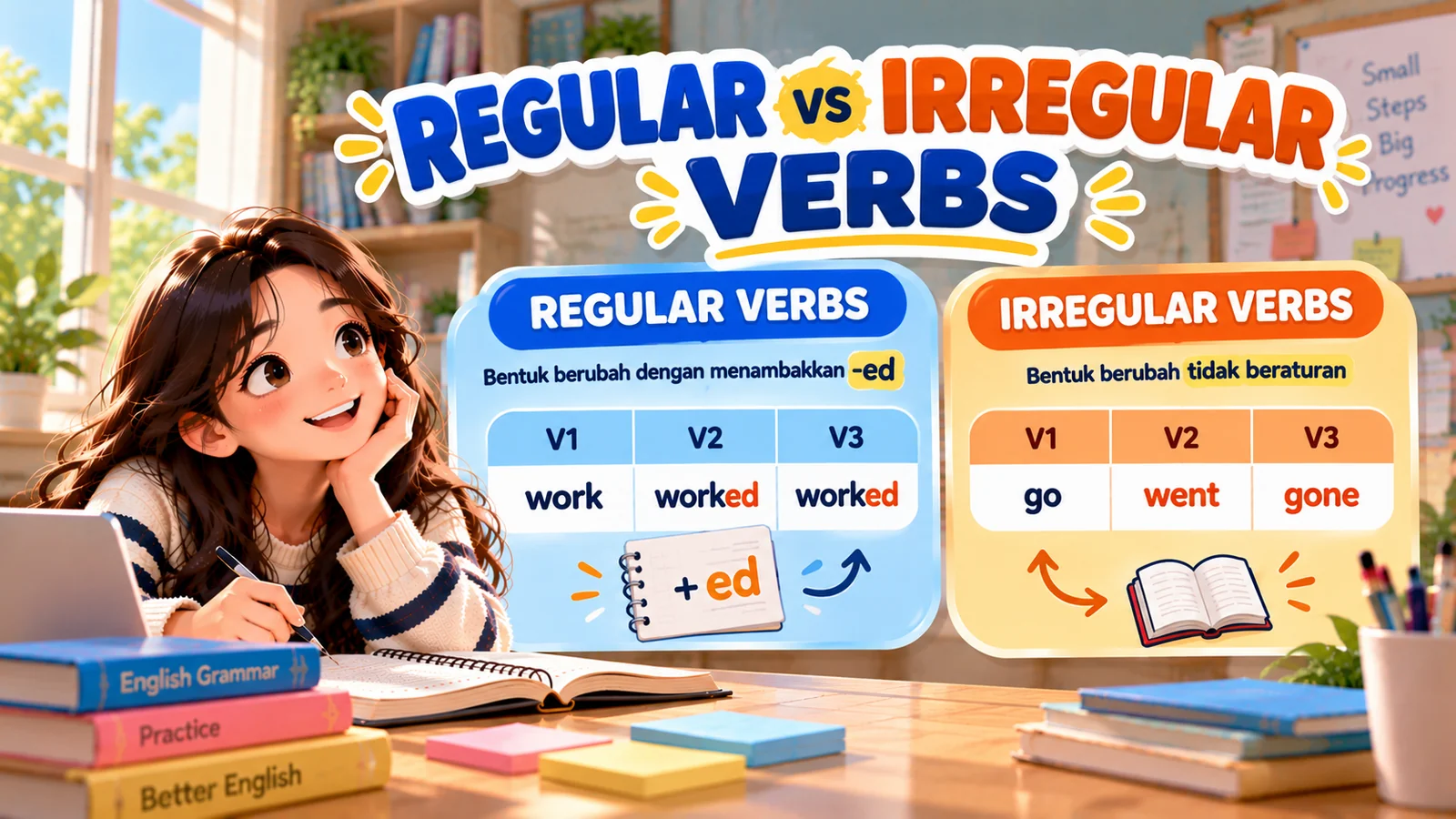 Ilustrasi regular dan irregular verbs V1 V2 V3 dengan contoh work, worked, worked dan go, went, gone dalam bahasa Inggris.