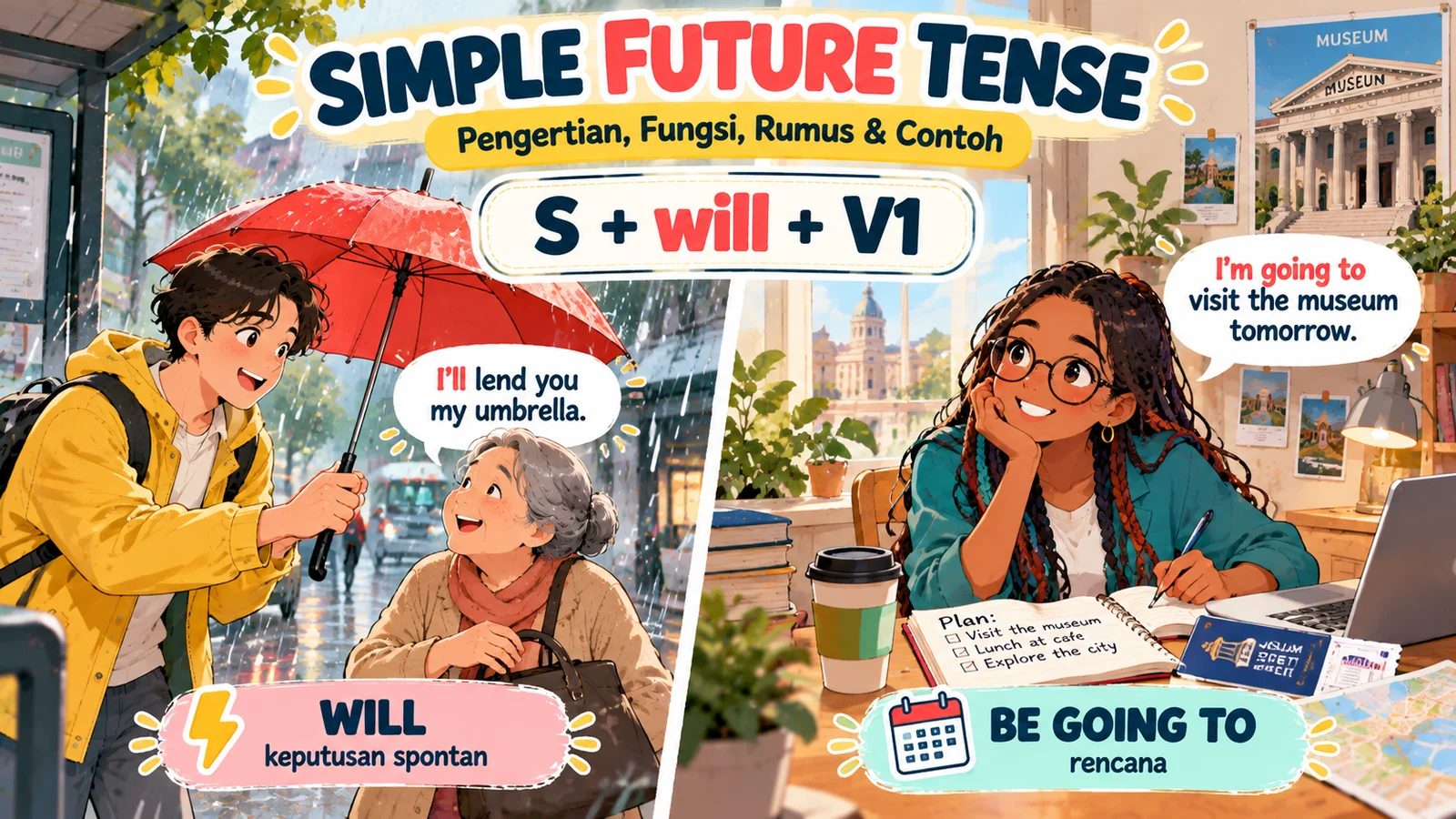 Ilustrasi simple future tense dengan pria menawarkan payung kepada lansia saat hujan dan perempuan merencanakan kunjungan museum.