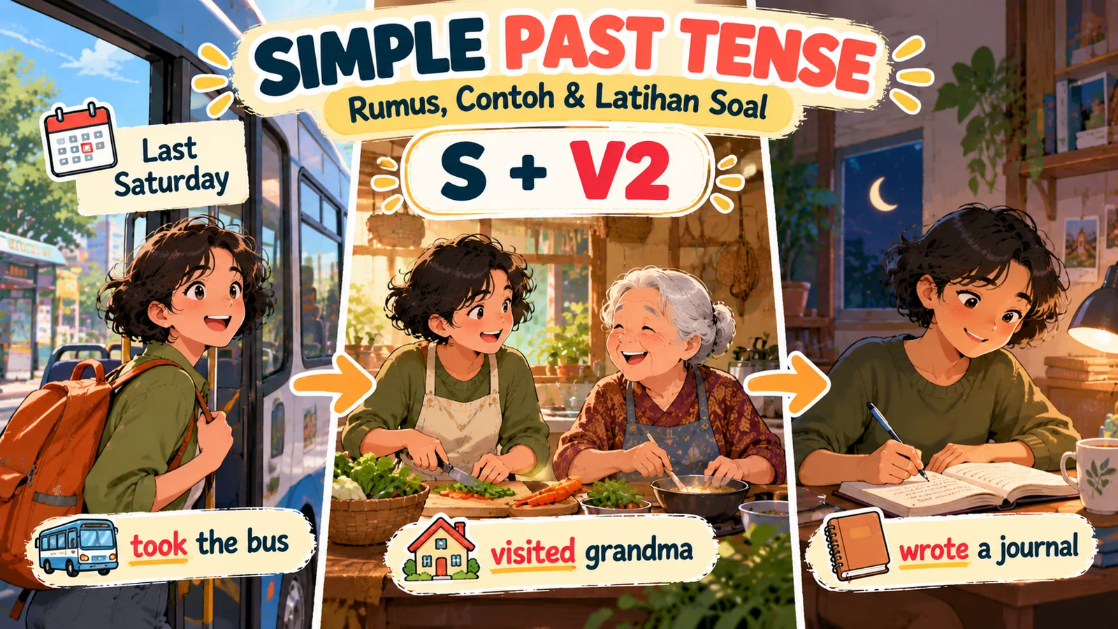 Ilustrasi simple past tense menampilkan Nisa naik bus, membantu nenek memasak, dan menulis jurnal, dengan rumus S + V2.