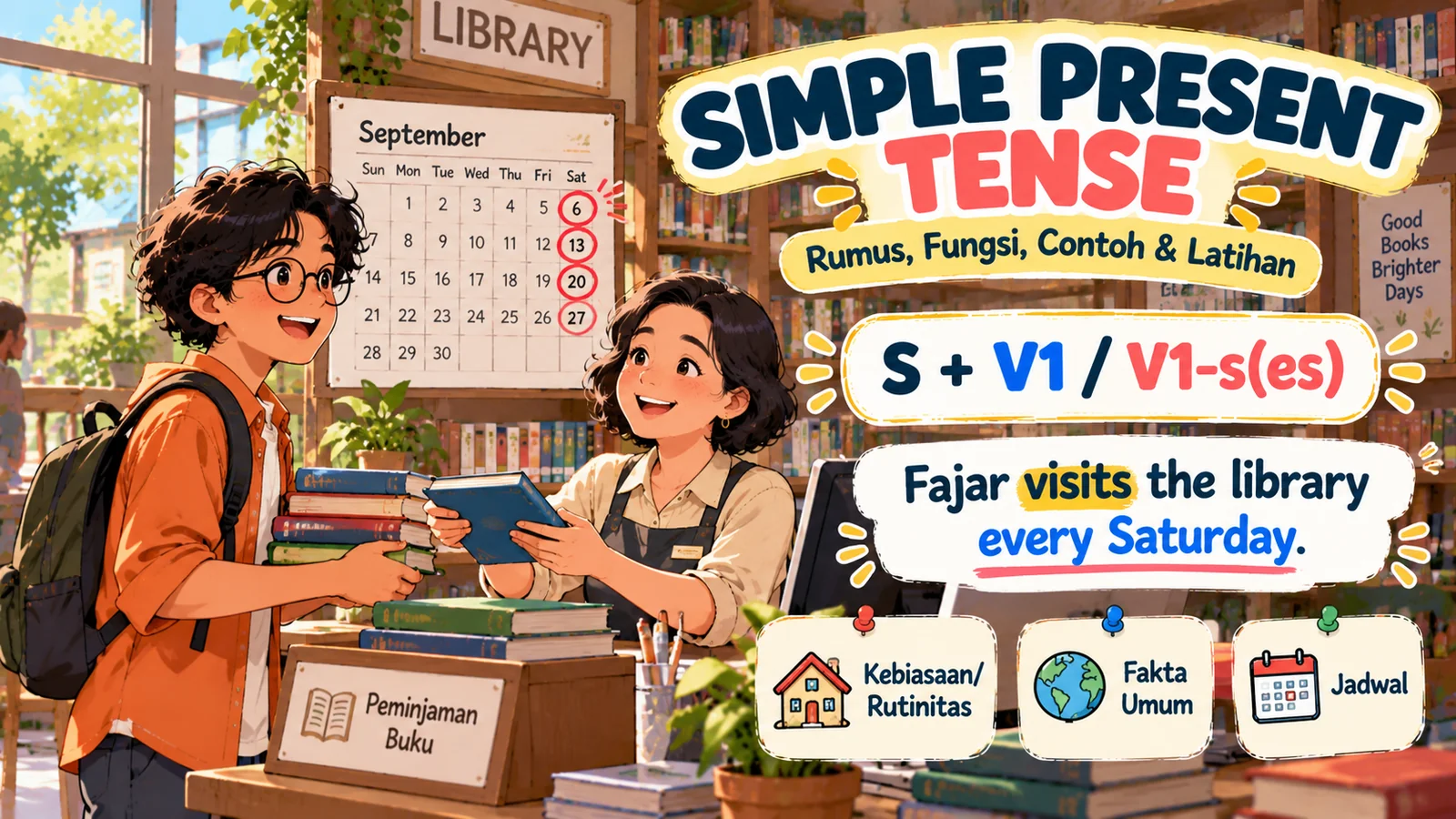 Ilustrasi simple present tense menampilkan Fajar meminjam buku di perpustakaan setiap Sabtu, kalender rutinitas, dan rumus S + V1 atau V1-s/es.