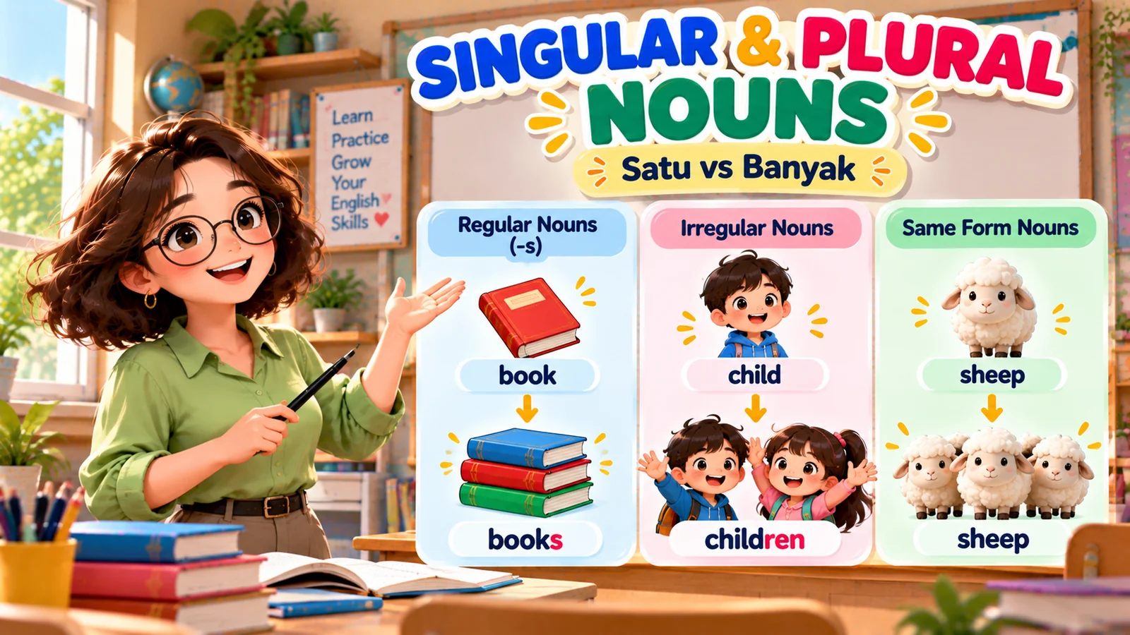 Ilustrasi singular dan plural nouns bahasa Inggris dengan guru perempuan serta contoh book–books, child–children, dan sheep–sheep.