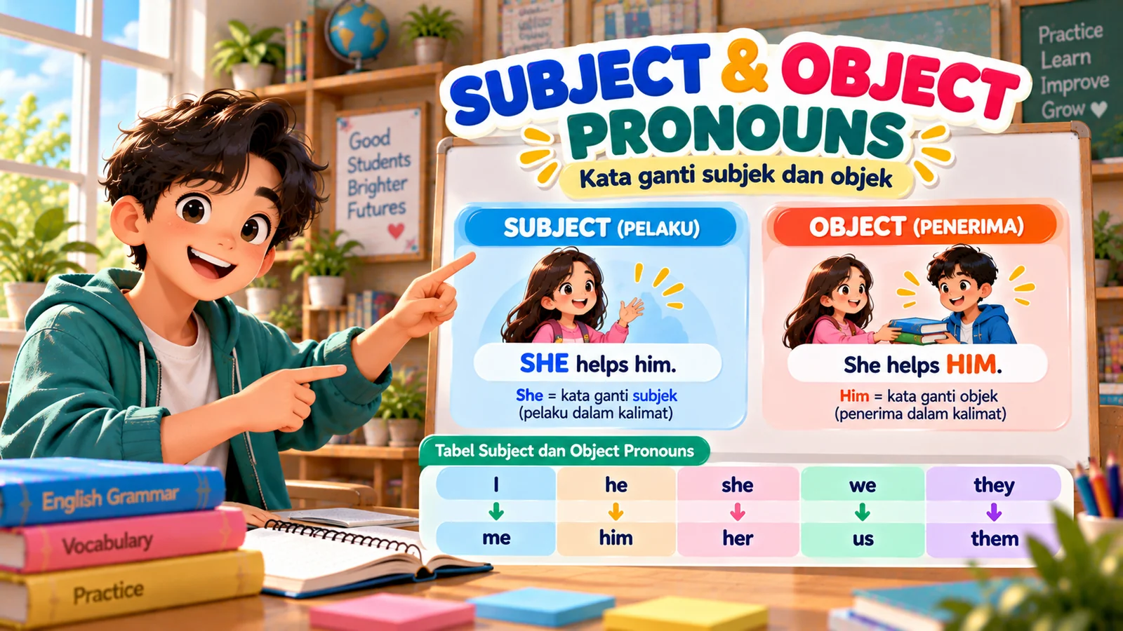 Ilustrasi subject dan object pronouns bahasa Inggris dengan contoh She helps him serta pasangan kata ganti I/me, he/him, she/her, we/us, dan they/them.