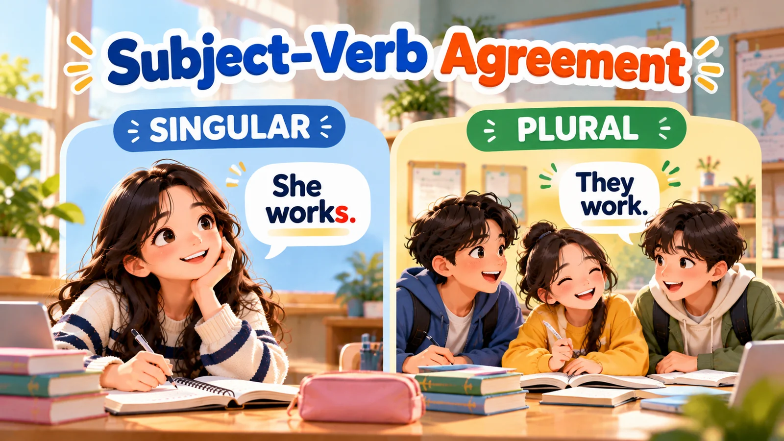 Ilustrasi subject-verb agreement dengan contoh She works untuk subjek tunggal dan They work untuk subjek jamak.