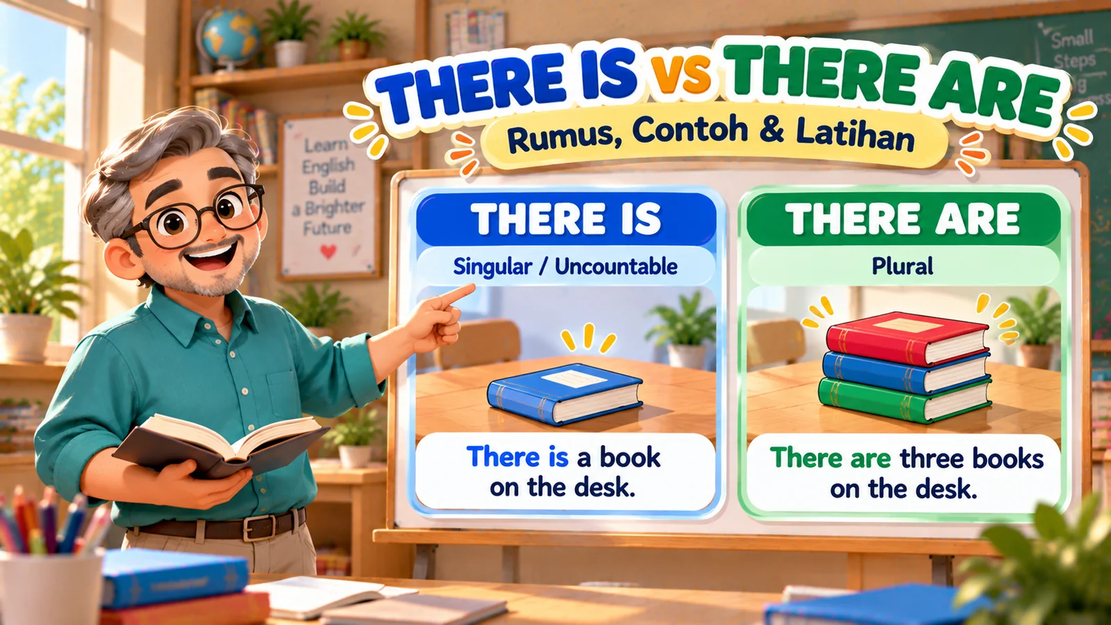 Ilustrasi there is dan there are bahasa Inggris dengan guru laki-laki yang menjelaskan penggunaan satu buku dan tiga buku di atas meja.