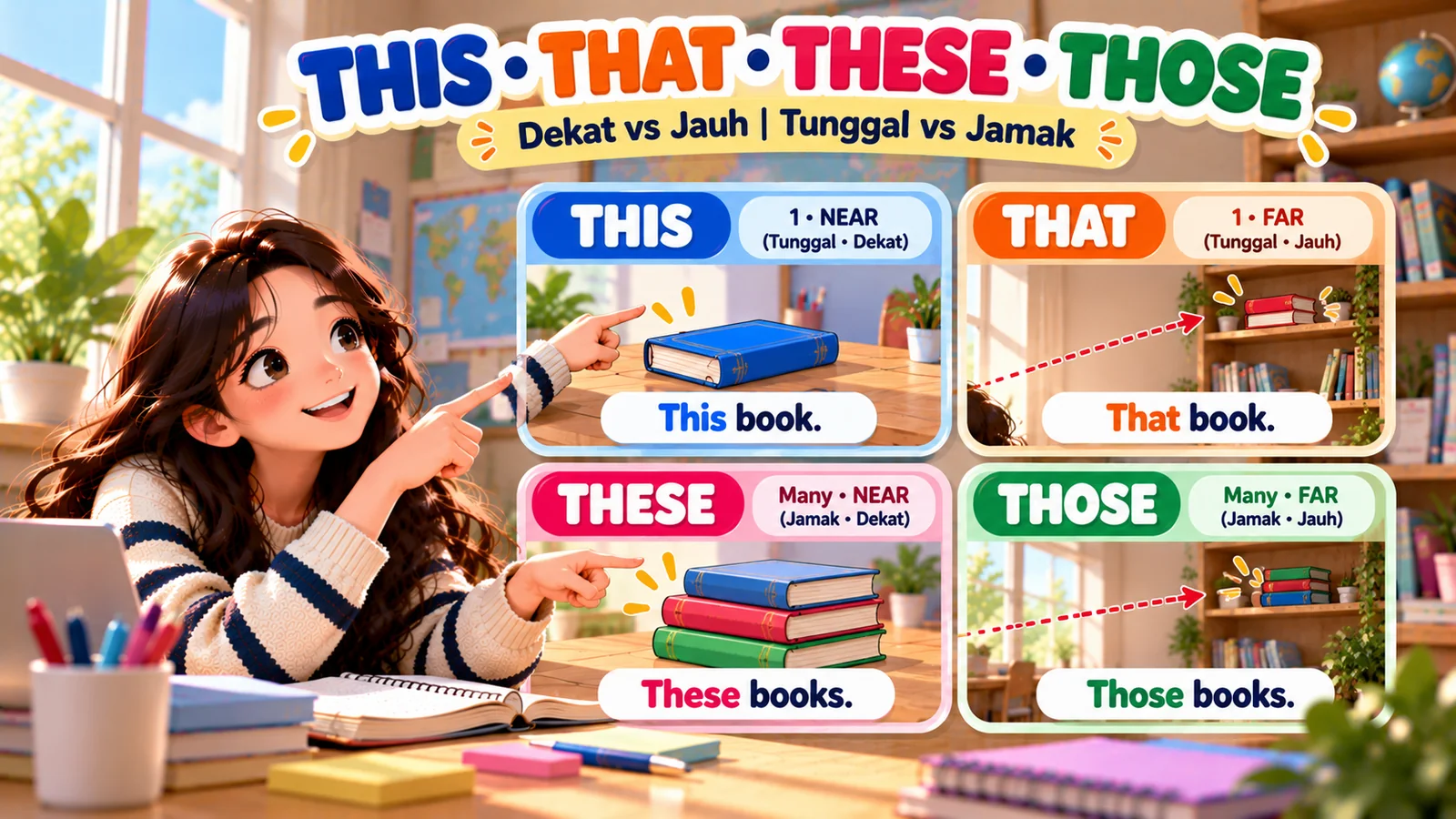 Ilustrasi penggunaan this, that, these, dan those dalam bahasa Inggris untuk menunjukkan benda tunggal dan jamak yang dekat atau jauh.